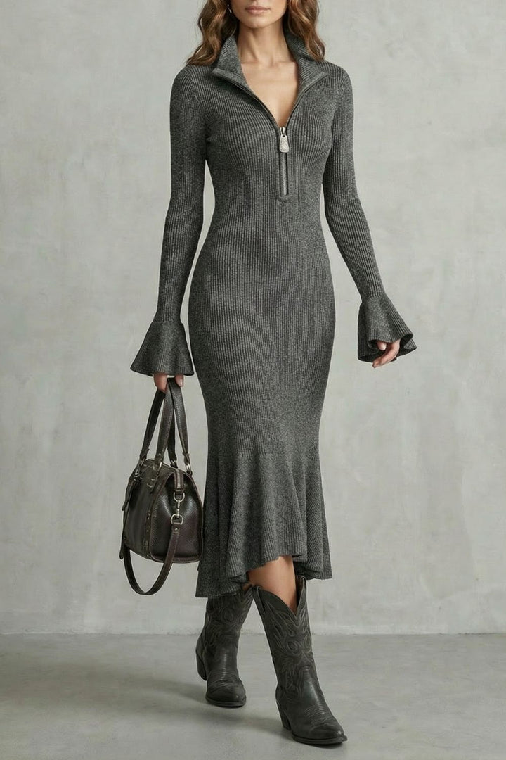 Veloria – Flared Cuff Elegance – Zip Midi Dress