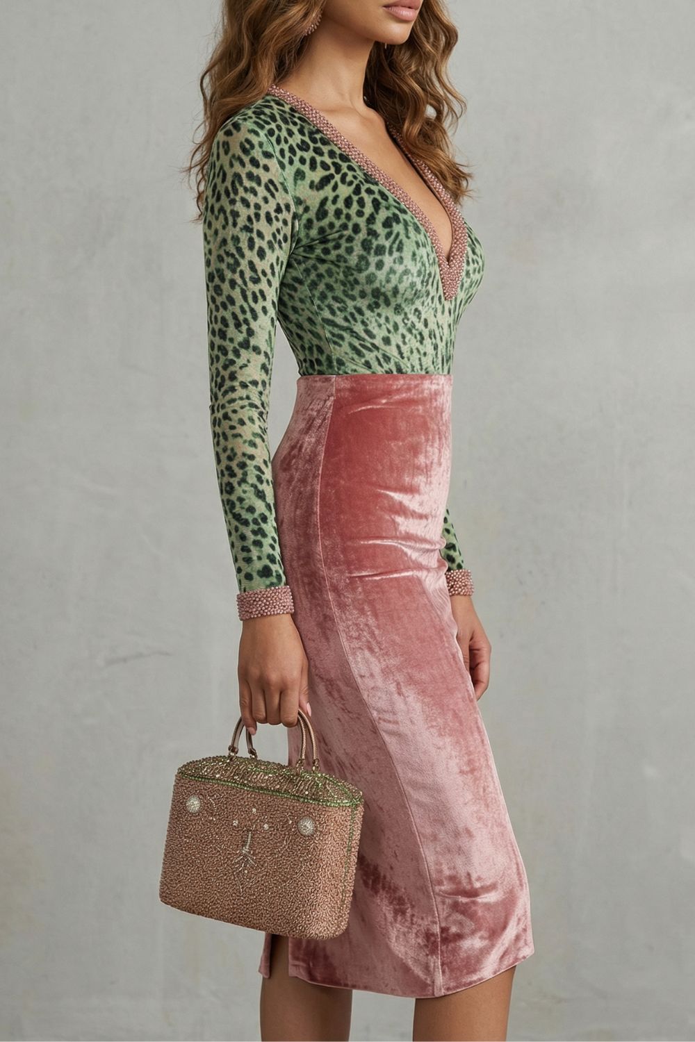 Virelline – Leopard Velvet Contrast – Bodycon Midi Dress