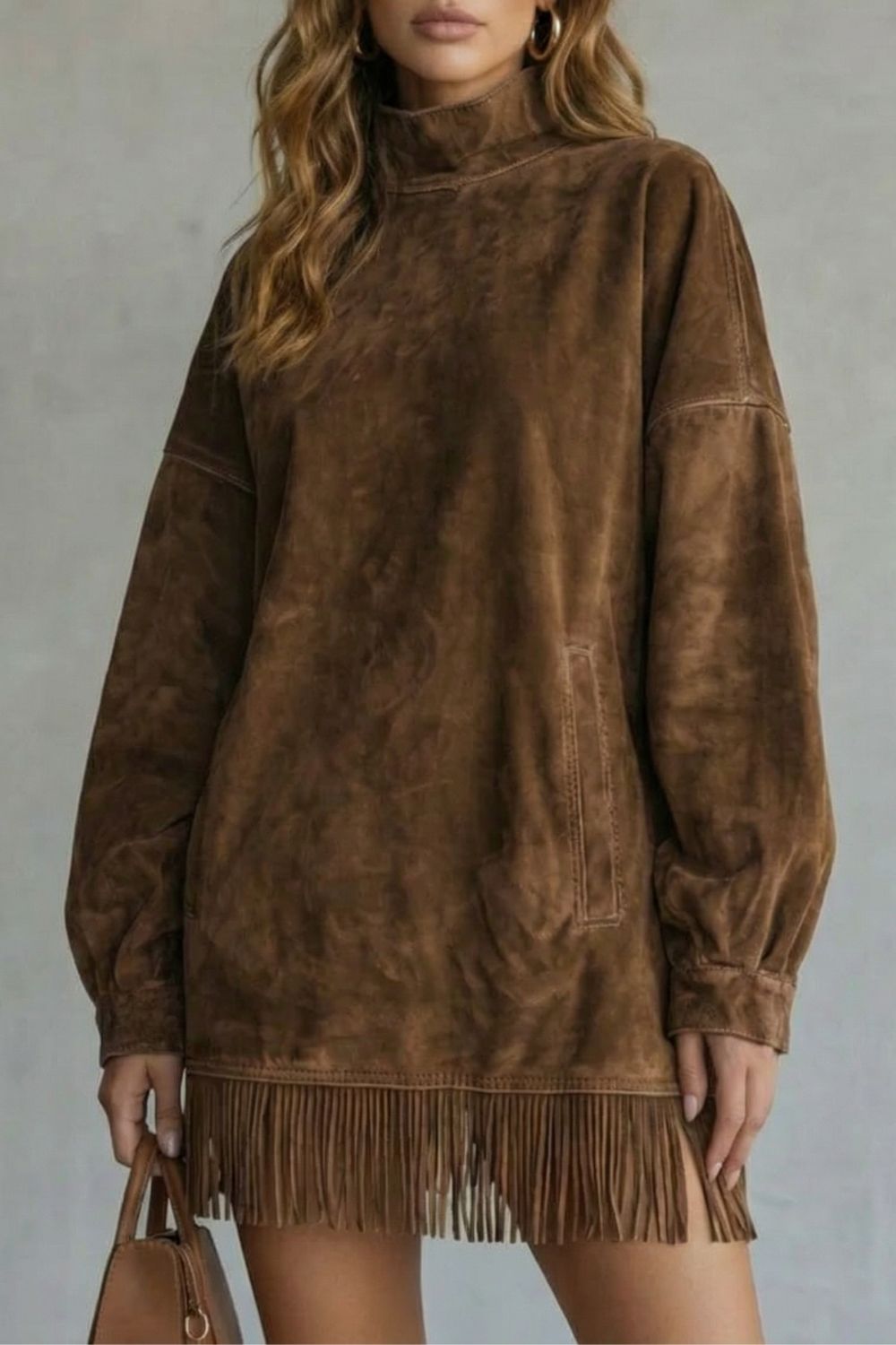 Viretta – Suede Fringe Detail – Turtleneck Mini Dress