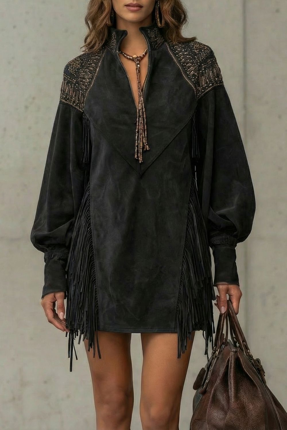 Calvetta – Embroidered Fringe Detail – Tunic Mini Dress