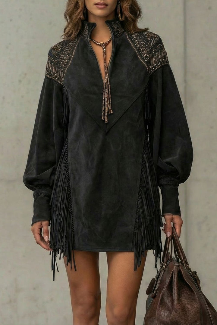Calvetta – Embroidered Fringe Detail – Tunic Mini Dress
