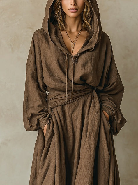 Brown hooded loose maxi dress