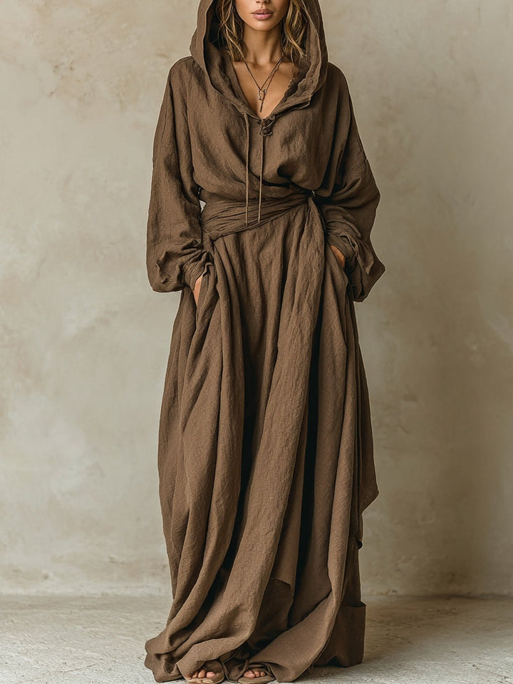 Brown hooded loose maxi dress