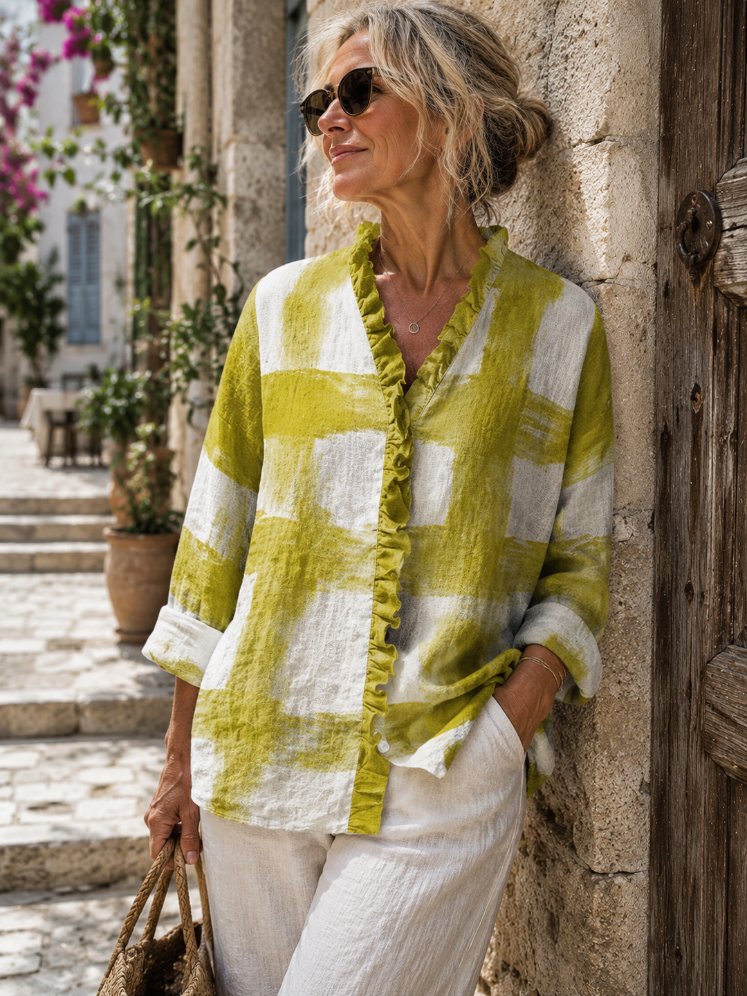Melissa | Button-Down Ruffle V-Neck Blouse For Women