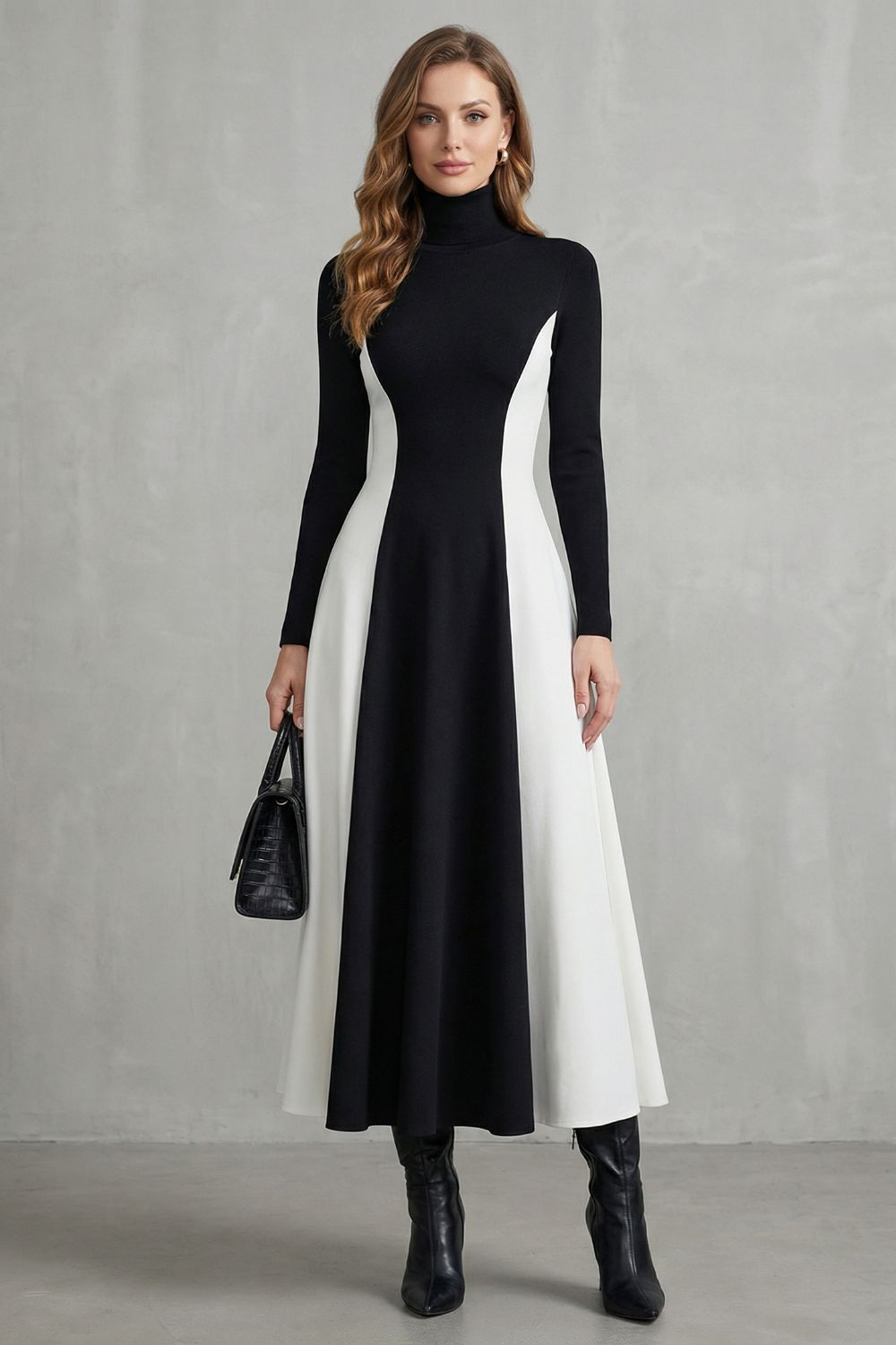 Mariveille – Sculpted Contrast Flow – Turtleneck Dress