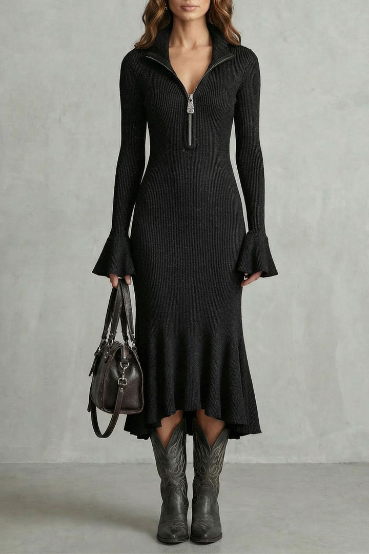 Veloria – Flared Cuff Elegance – Zip Midi Dress