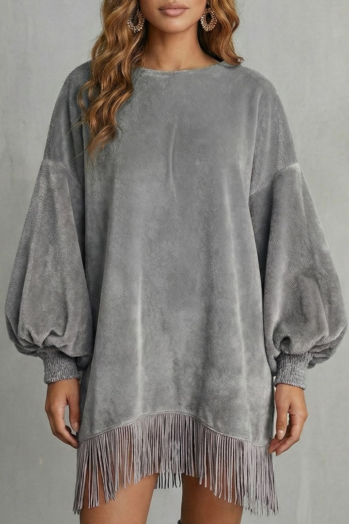 Bellurie – Voluminous Sleeves – Fringe Mini Dress