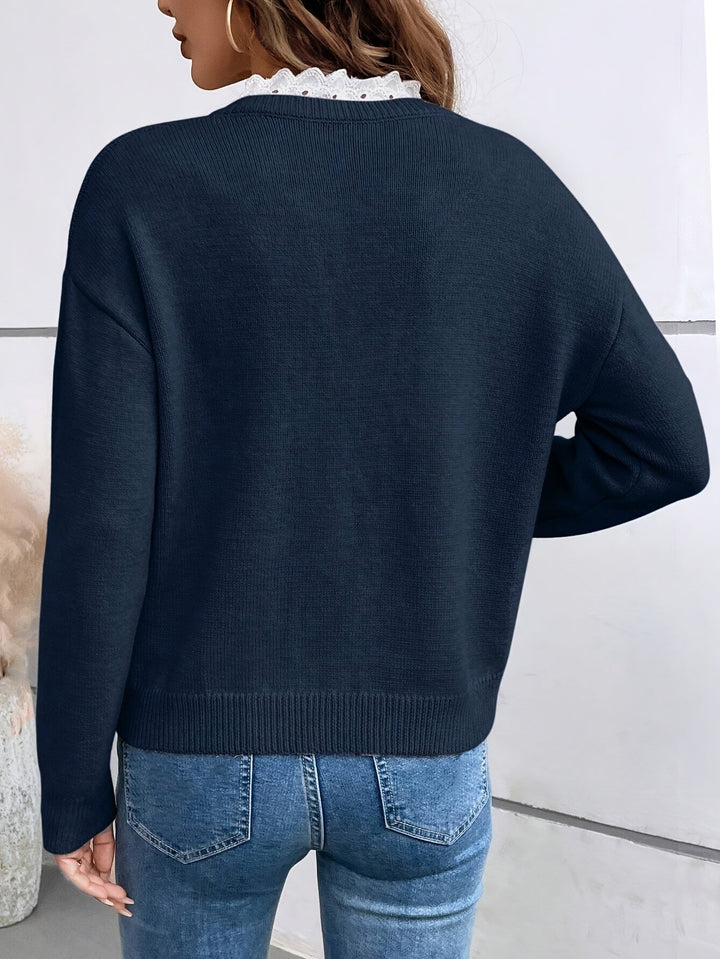 Maria | V-Neck Ribbed Knit Blouse With Lace Collar For Women
