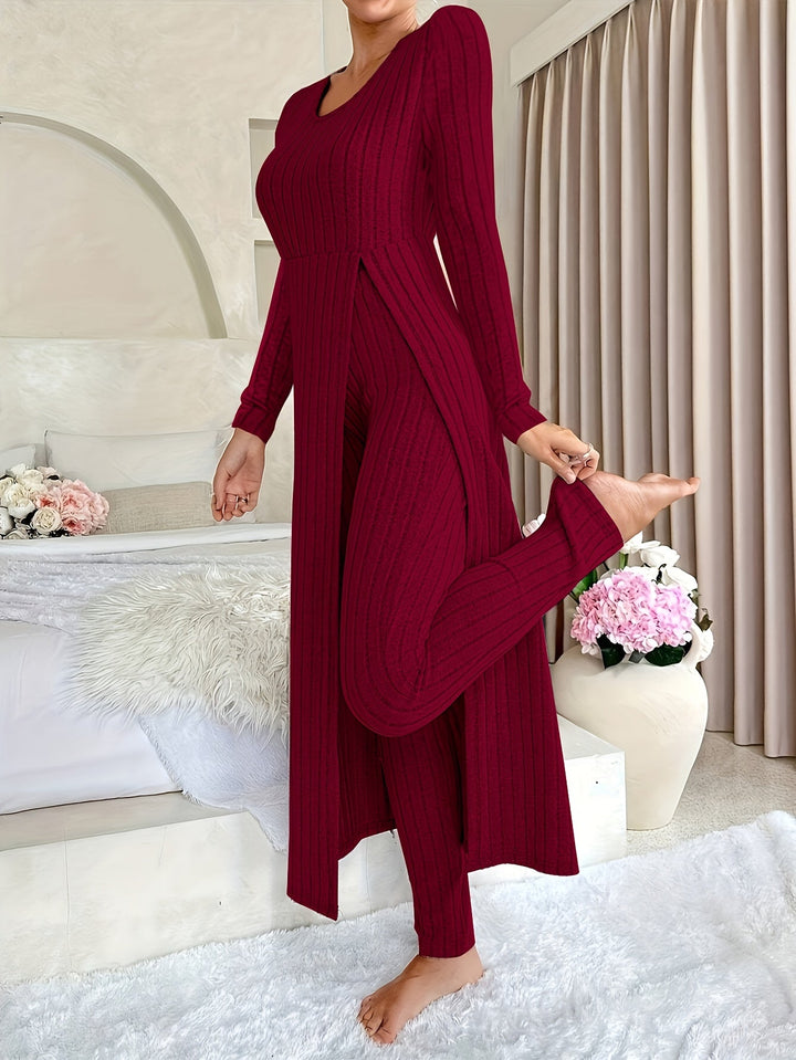 Rochy-Ribbed Long-sleeved Top and Bottom