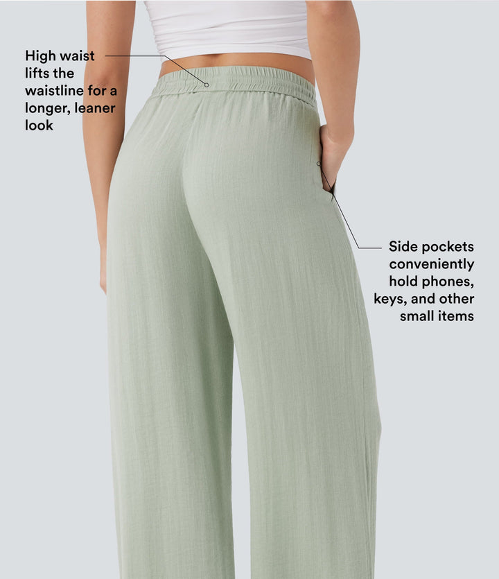 2026🔥 High Waisted Drawstring Pocket Wide Leg Casual Linen-Feel Pants
