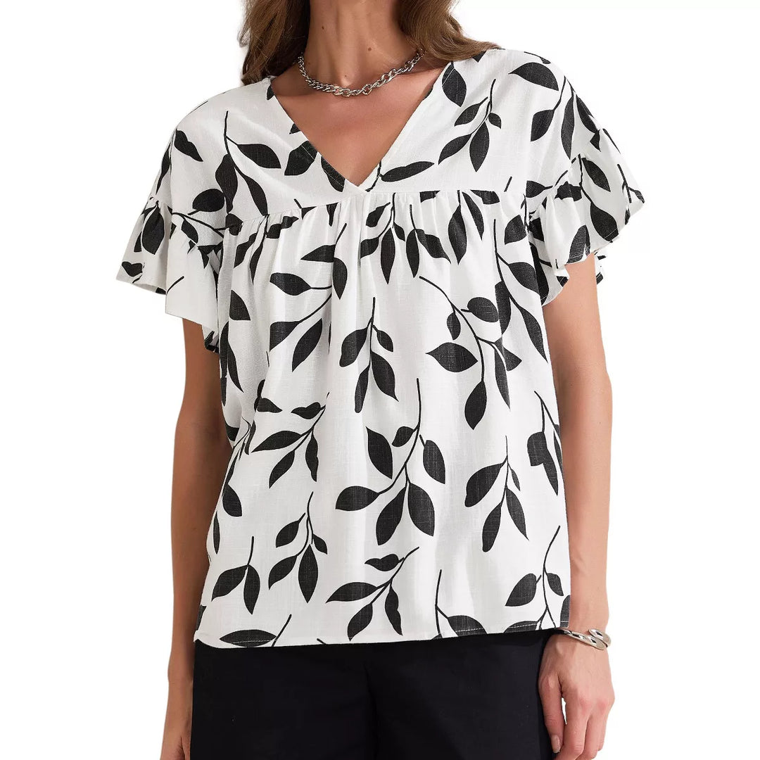 Matilda | V-Neck Flutter Sleeve Leaf Print Blouse For Women