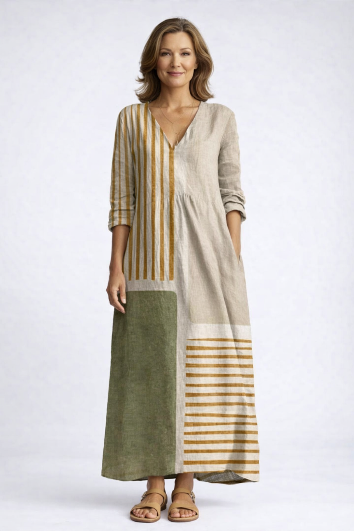 Nova | V-Neck Striped Linen Midi Dress For Women