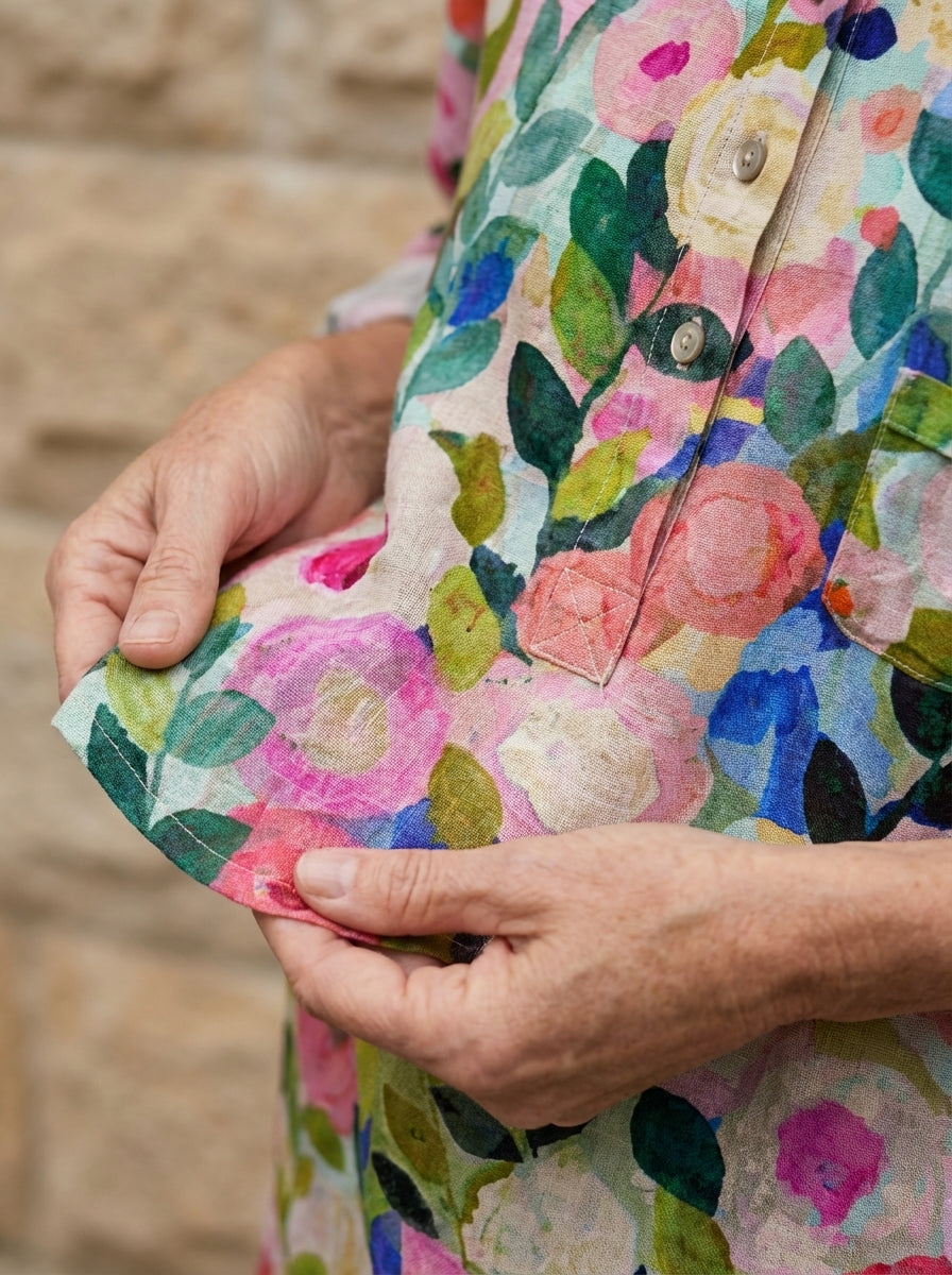Olive | Floral Linen Button-Down Blouse For Women