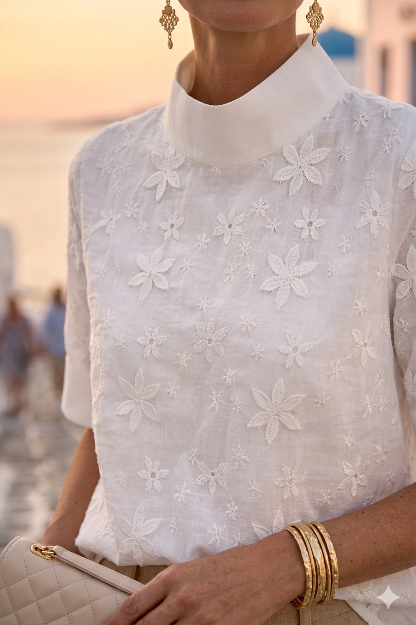 Maxine | Short Sleeve Stand Collar Lace Blouse For Women