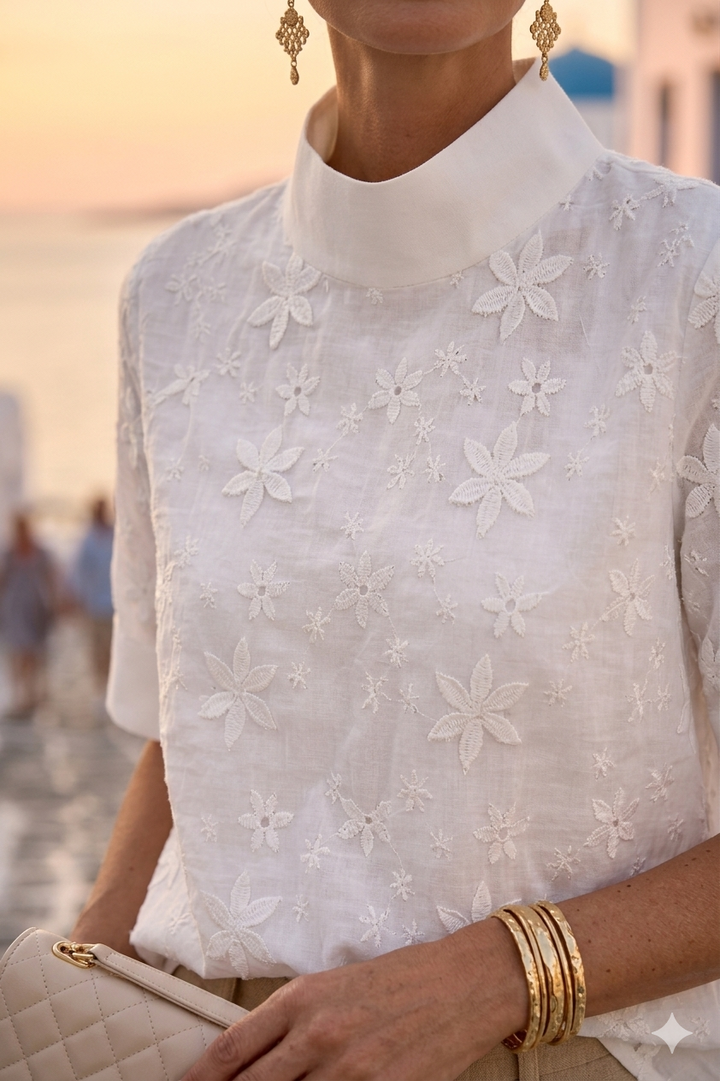 Maxine | Short Sleeve Stand Collar Lace Blouse For Women