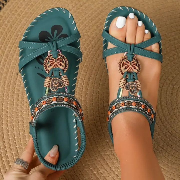 Linde | T-Strap Flat Sandals With Embellishments For Women