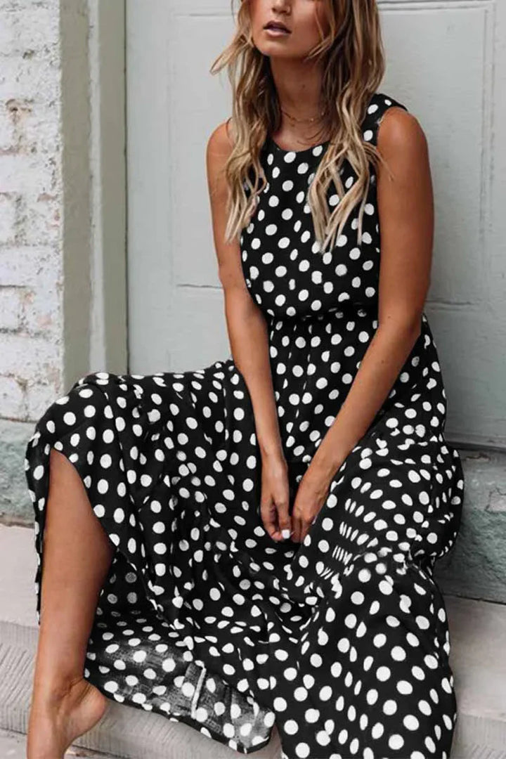 Seiva-Sleeveless Polka Dot Maxi Dress with Relaxed Fit