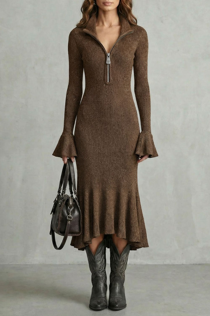 Veloria – Flared Cuff Elegance – Zip Midi Dress