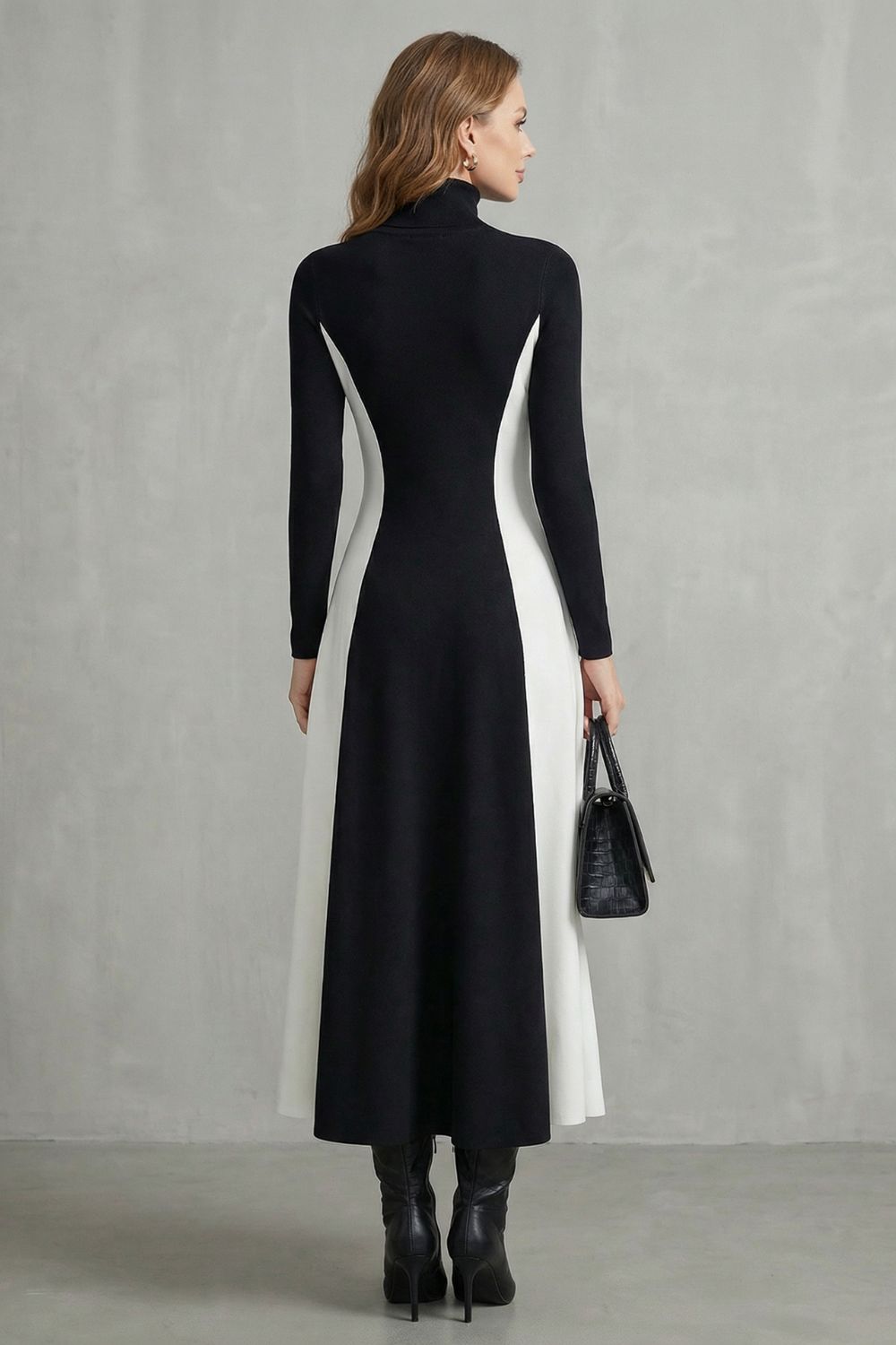 Mariveille – Sculpted Contrast Flow – Turtleneck Dress