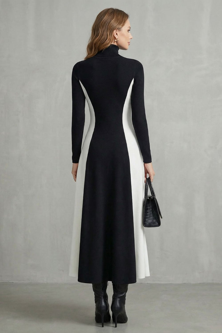 Mariveille – Sculpted Contrast Flow – Turtleneck Dress