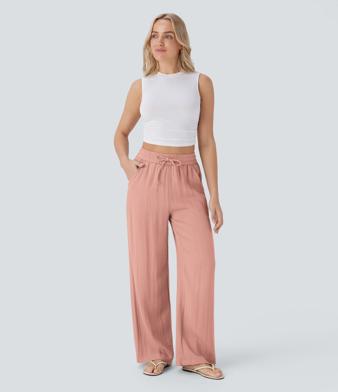 2026🔥 High Waisted Drawstring Pocket Wide Leg Casual Linen-Feel Pants