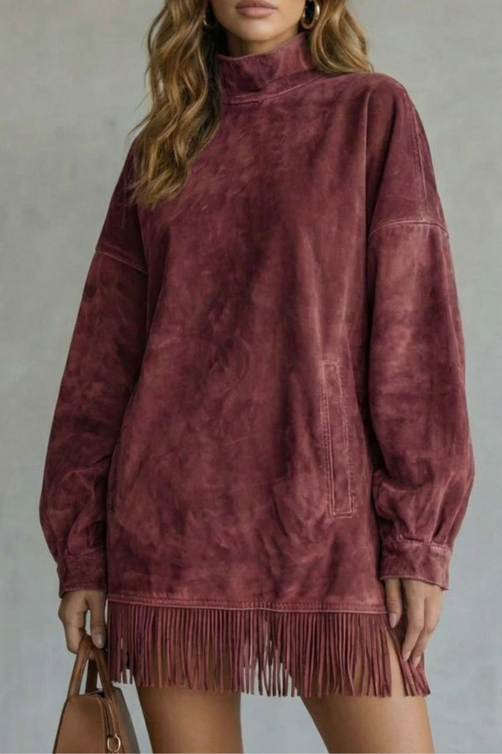 Viretta – Suede Fringe Detail – Turtleneck Mini Dress