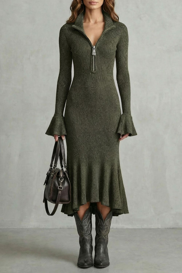 Veloria – Flared Cuff Elegance – Zip Midi Dress