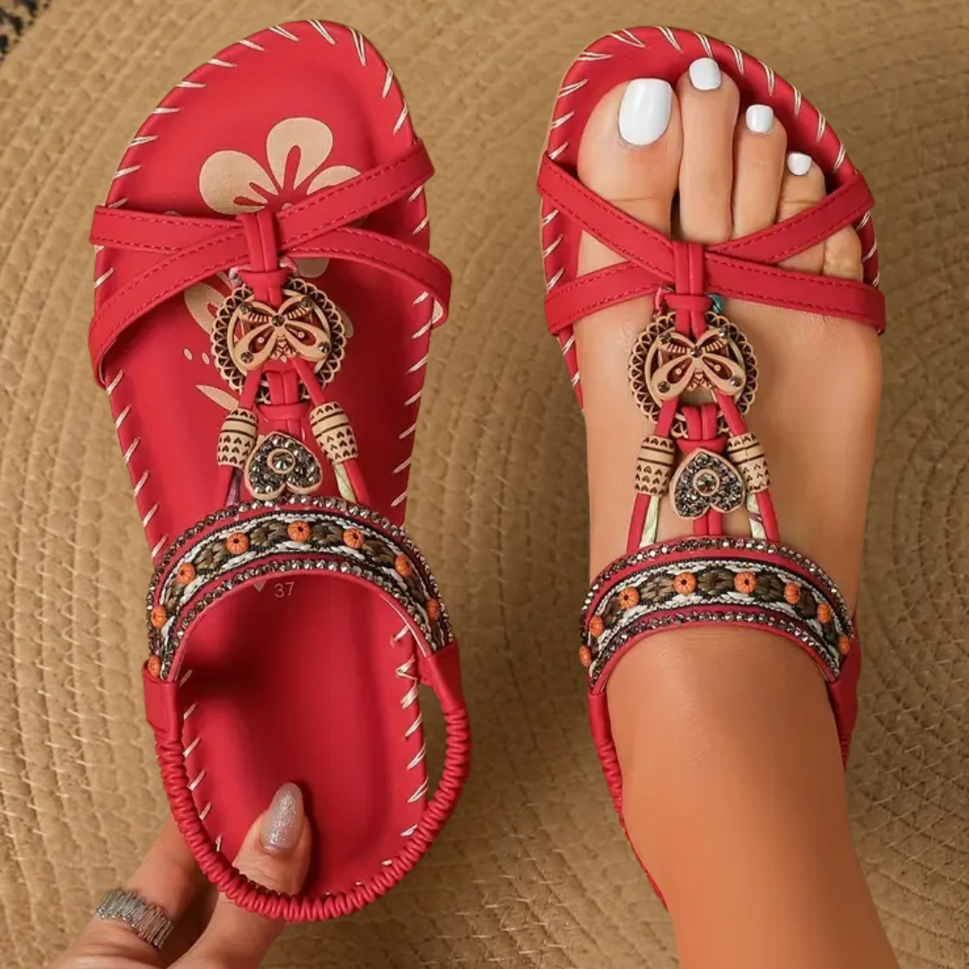 Linde | T-Strap Flat Sandals With Embellishments For Women