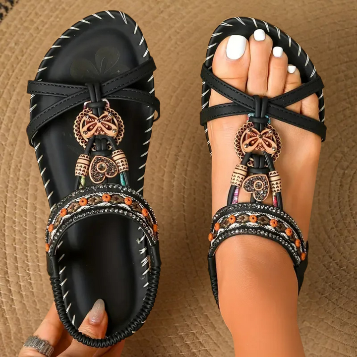 Linde | T-Strap Flat Sandals With Embellishments For Women