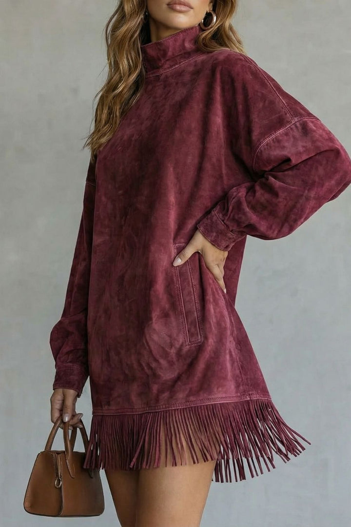 Viretta – Suede Fringe Detail – Turtleneck Mini Dress