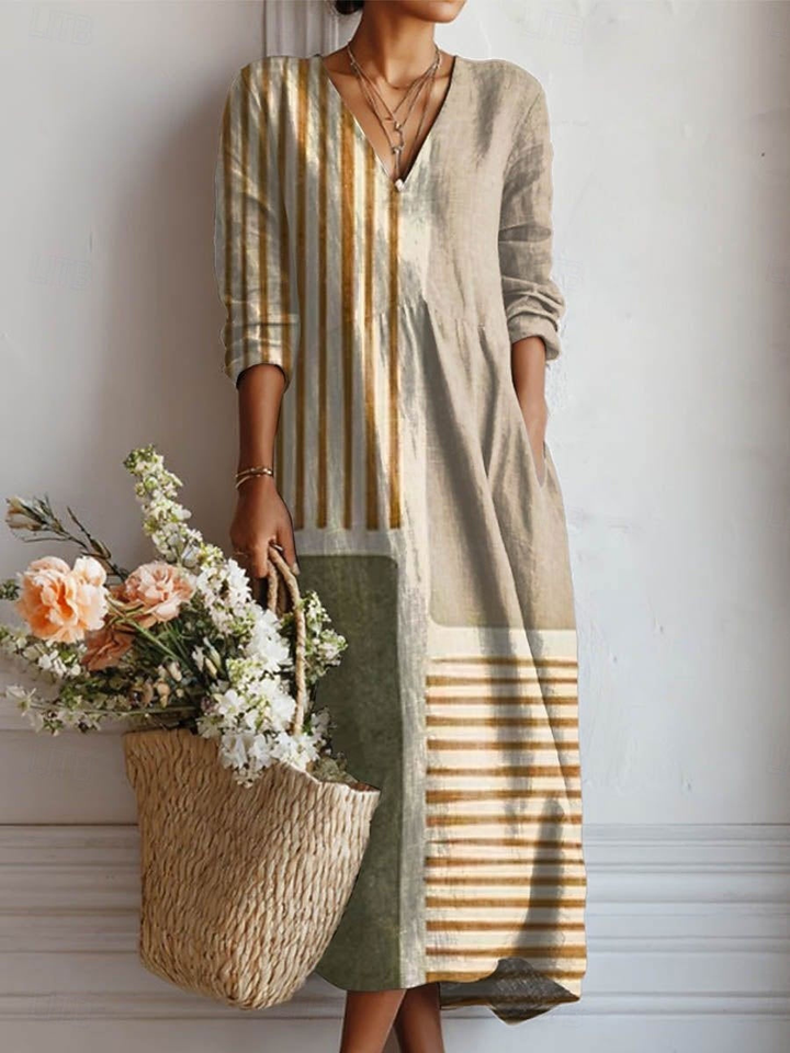 Nova | V-Neck Striped Linen Midi Dress For Women