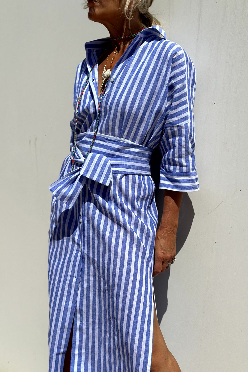 Adeline | Striped Linen Button-Down Midi Shirt Dress For Women