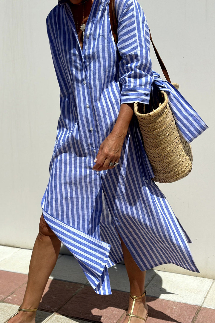 Adeline | Striped Linen Button-Down Midi Shirt Dress For Women