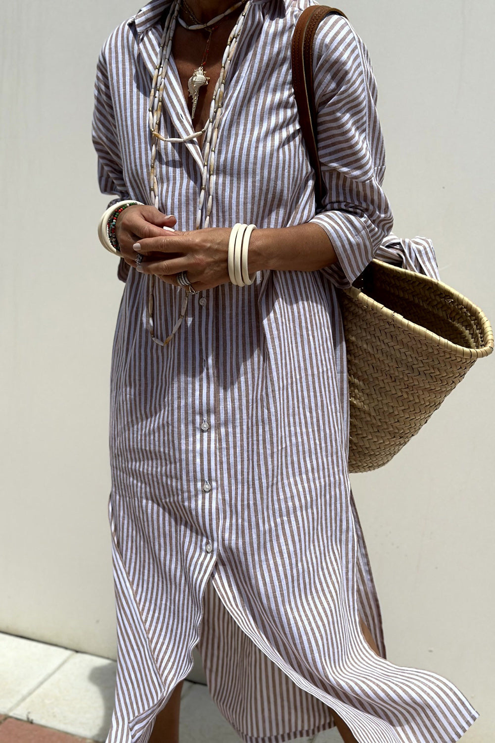Adeline | Striped Linen Button-Down Midi Shirt Dress For Women