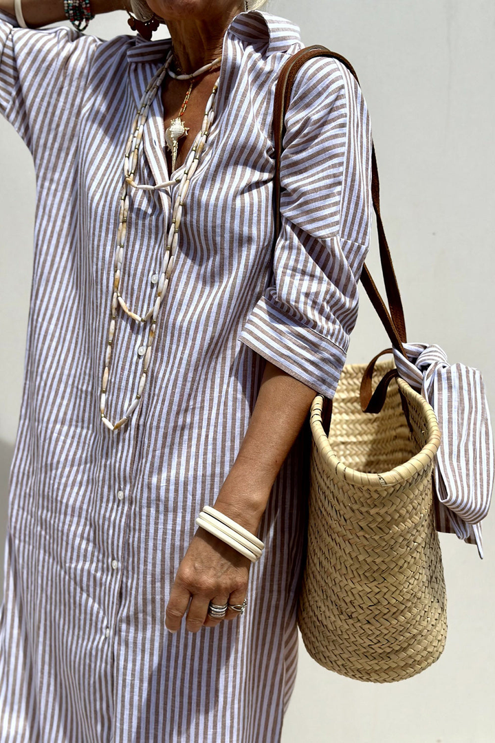Adeline | Striped Linen Button-Down Midi Shirt Dress For Women