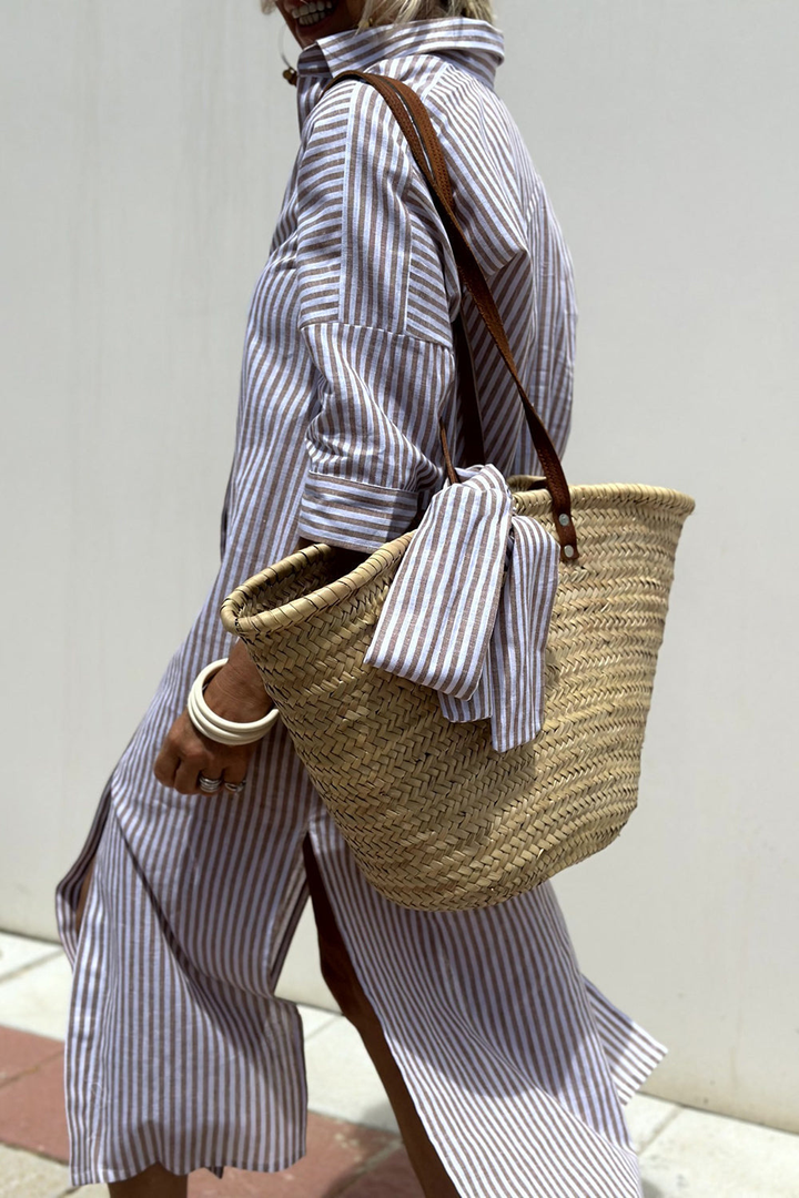 Adeline | Striped Linen Button-Down Midi Shirt Dress For Women
