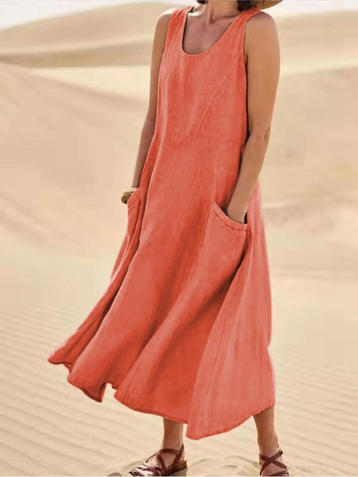 Violet | Linen Scoop-Neck Sleeveless Midi Dress With Pockets For Women