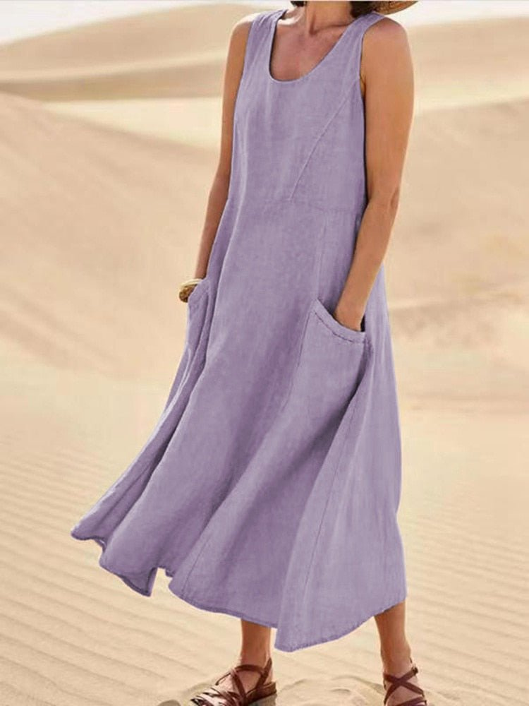 Violet | Linen Scoop-Neck Sleeveless Midi Dress With Pockets For Women