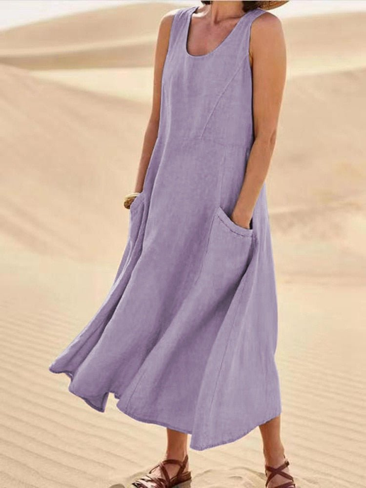 Violet | Linen Scoop-Neck Sleeveless Midi Dress With Pockets For Women