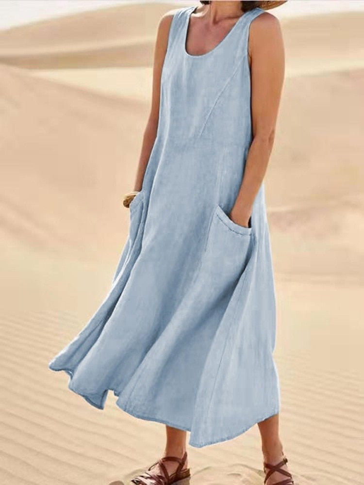 Violet | Linen Scoop-Neck Sleeveless Midi Dress With Pockets For Women
