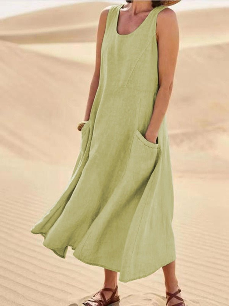 Violet | Linen Scoop-Neck Sleeveless Midi Dress With Pockets For Women