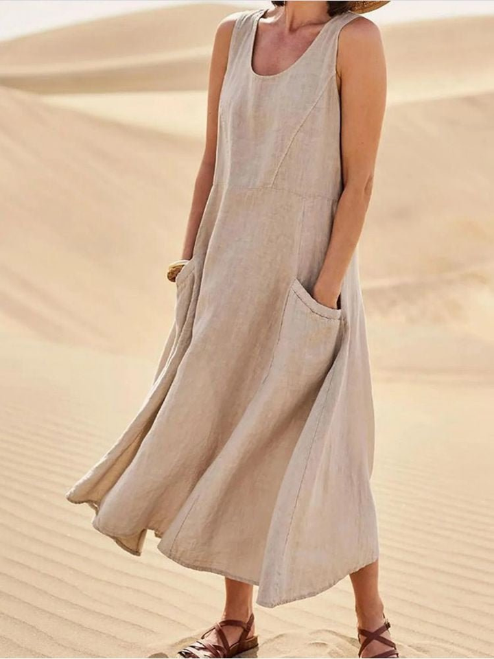 Violet | Linen Scoop-Neck Sleeveless Midi Dress With Pockets For Women