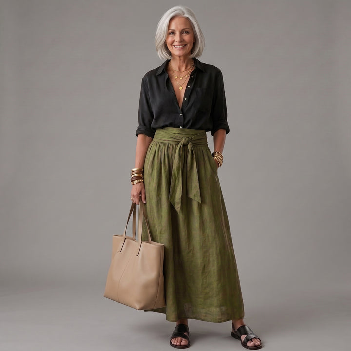 SAHARA | Two-Piece Set: Black Top and Olive Green Midi Skirt