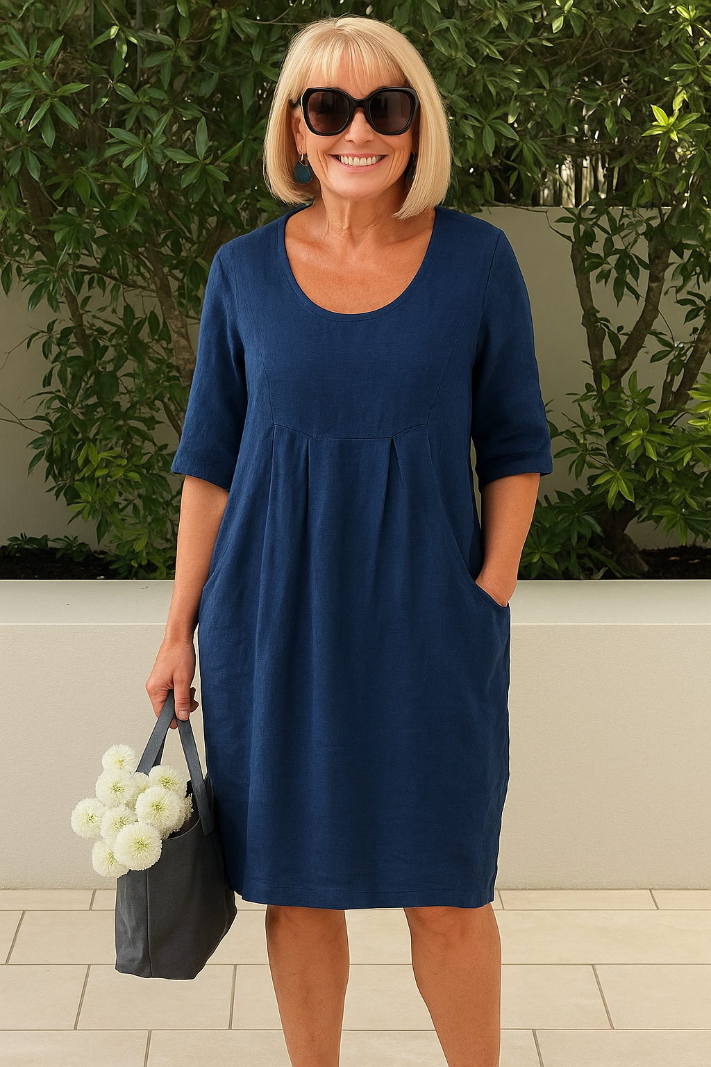 Thea | Linen Pleated Bust Pocket Midi Dress For Women