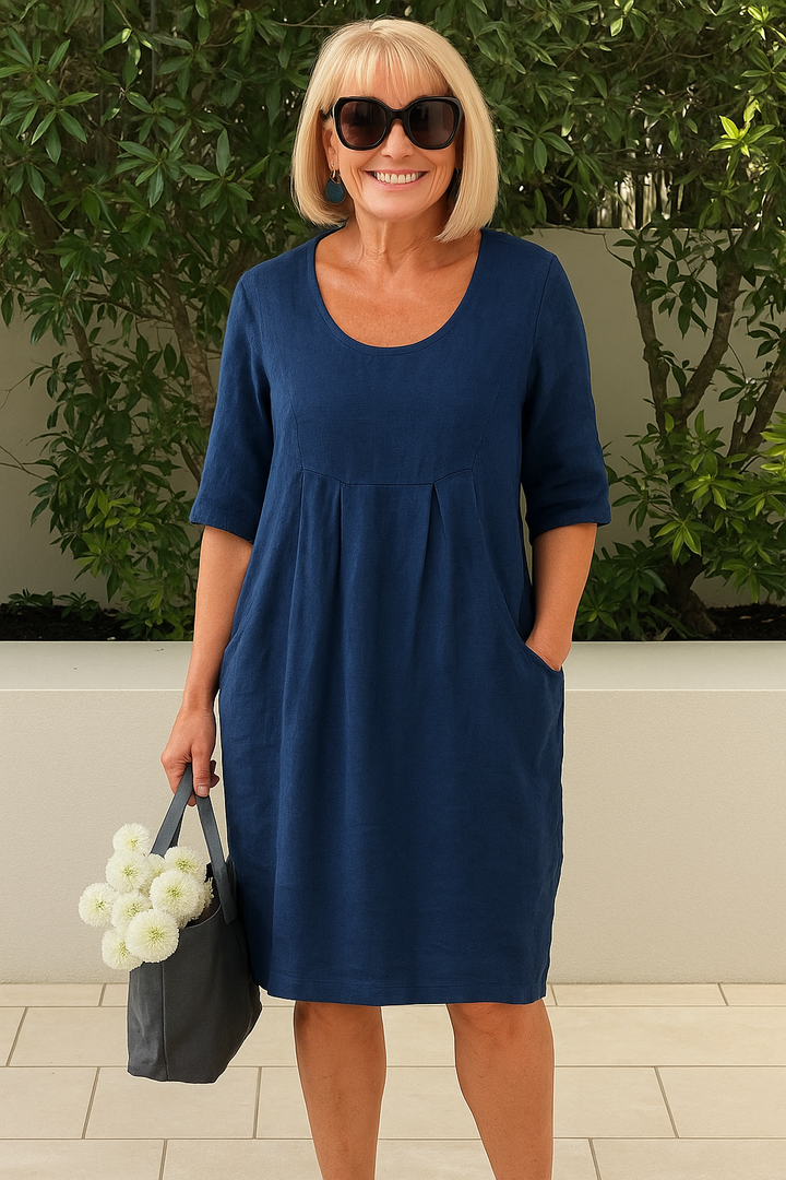Thea | Linen Pleated Bust Pocket Midi Dress For Women