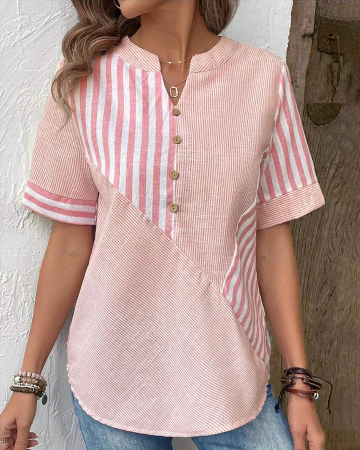 Genevieve | Striped Colorblock Half-Button Short Sleeve Blouse For Women