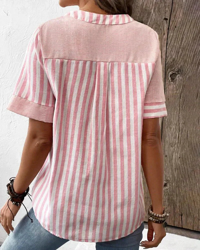 Genevieve | Striped Colorblock Half-Button Short Sleeve Blouse For Women