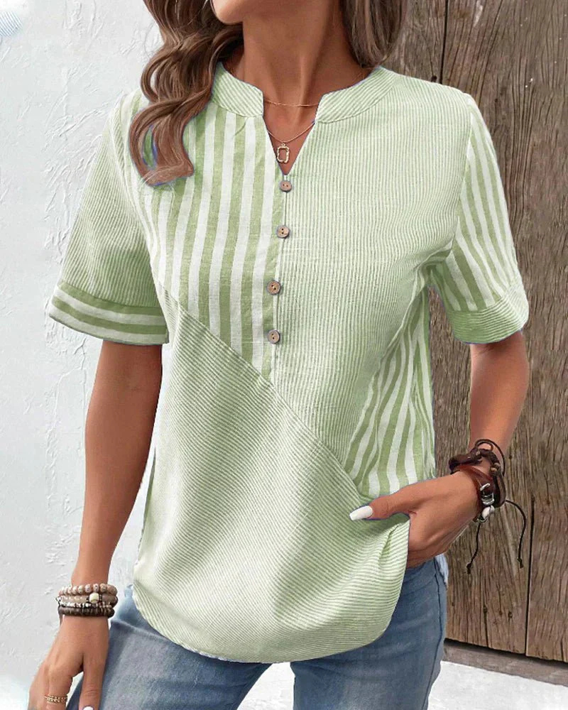 Genevieve | Striped Colorblock Half-Button Short Sleeve Blouse For Women