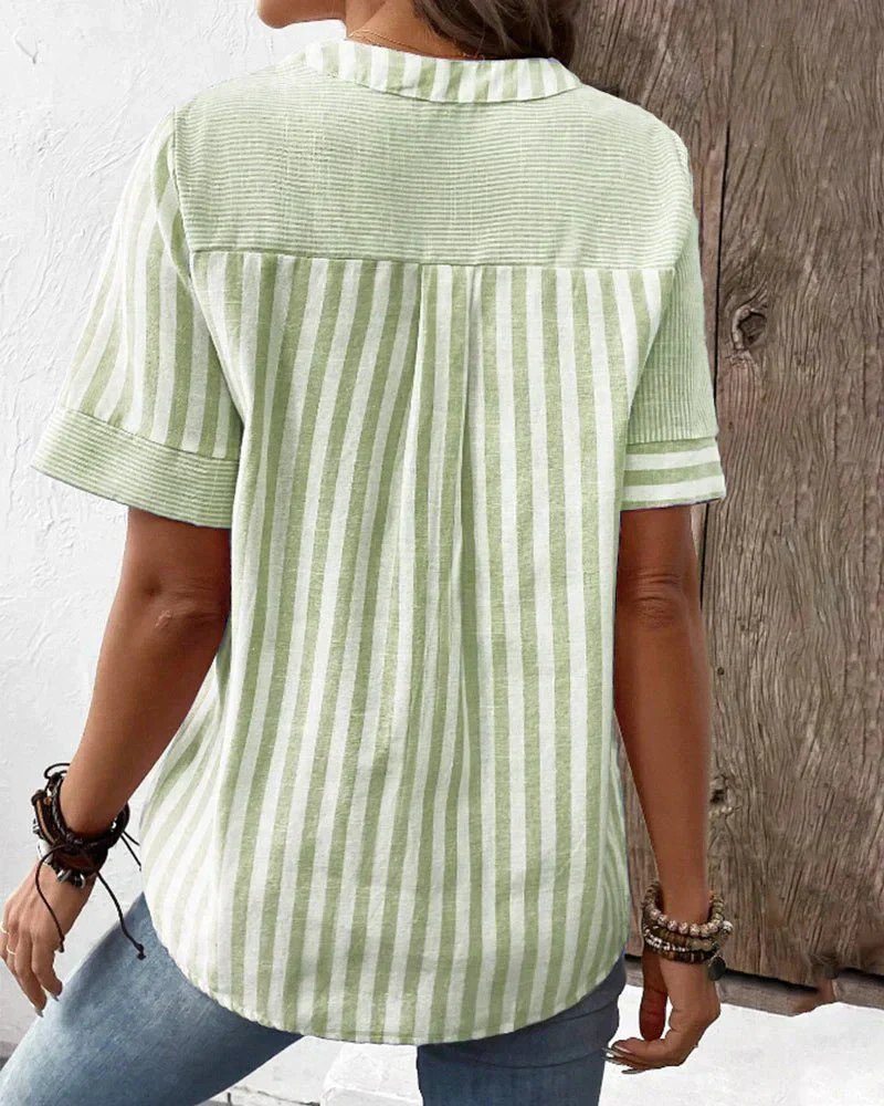 Genevieve | Striped Colorblock Half-Button Short Sleeve Blouse For Women
