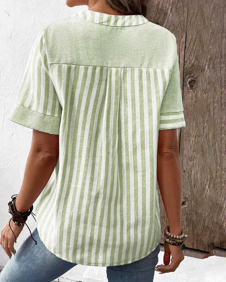Genevieve | Striped Colorblock Half-Button Short Sleeve Blouse For Women